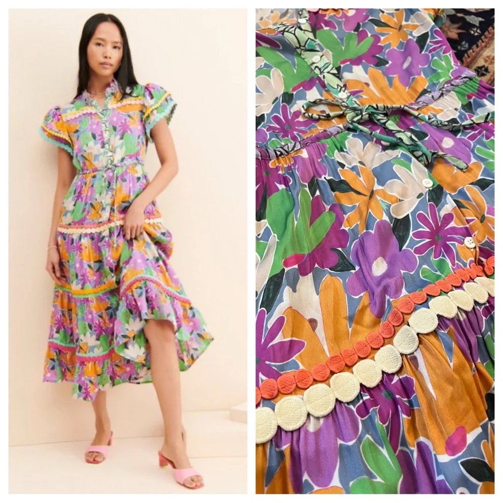 CeliaB Aneeta Dress purple floral midi trim vibrant button down shirt dress S - Picture 1 of 12